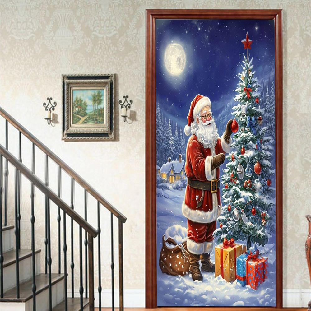 Christmas Santa Claus PVC Self-Adhesive Waterproof Door Sticker Modern Simulation Door Mural Wallpaper Living Room Study Home Decor Art Door Poster