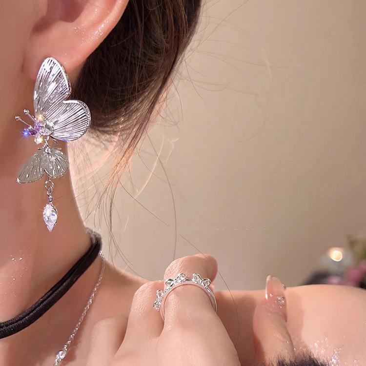 Purple Sparkling Zircon Butterfly Earrings - Luxury Women's Studs