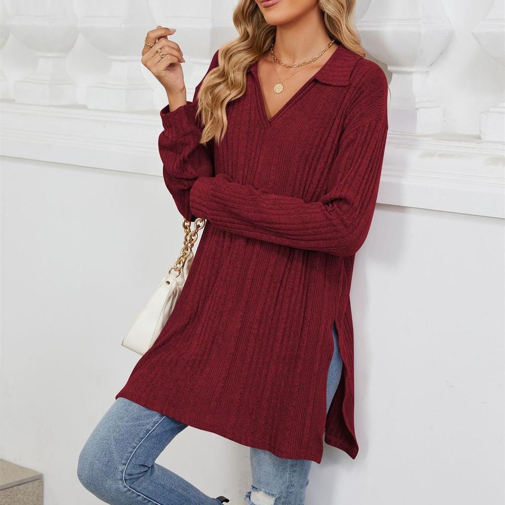 HNXC Women's Fashion Casual Autumn Winter Solid Color Print Long Sleeve V Neck Blouses & Shirts