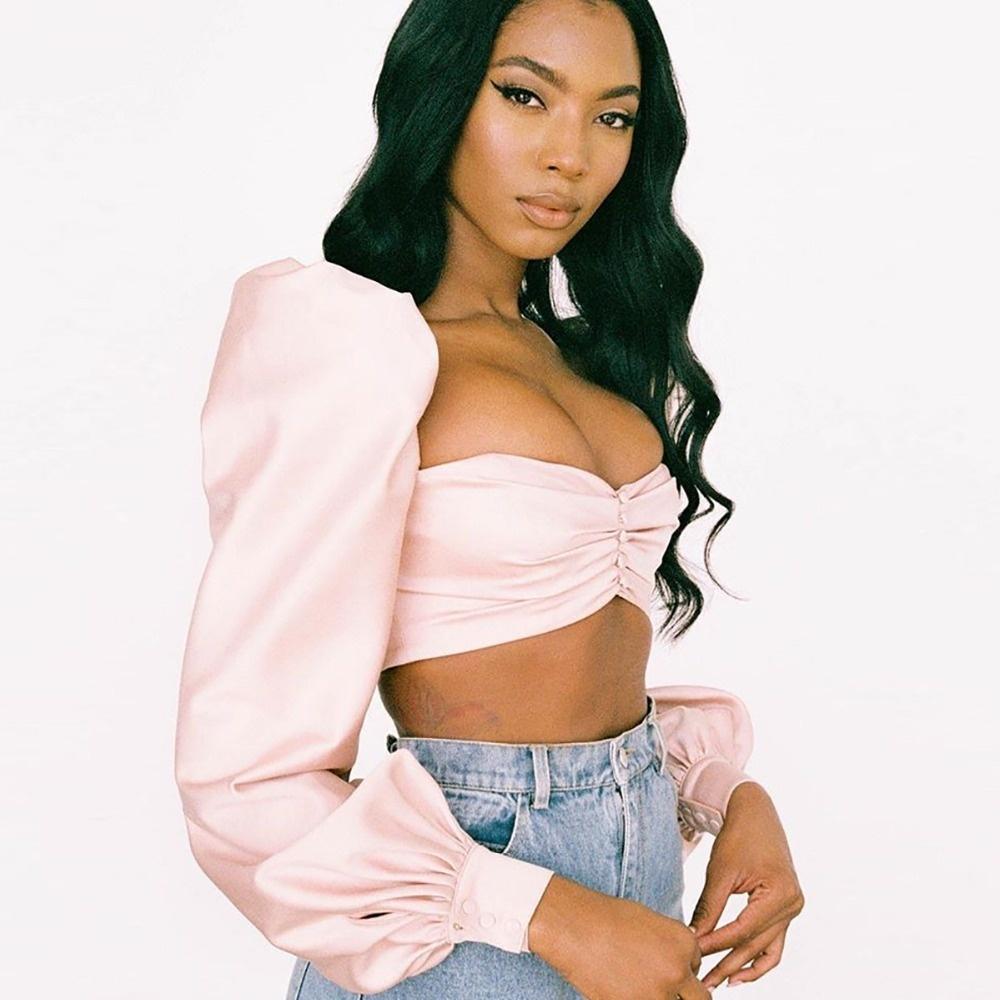 Vintage Puff Long Sleeve Blouse Shirt Crop Top Women Faux Silk Satin Square Neck Button Tops and Blouses