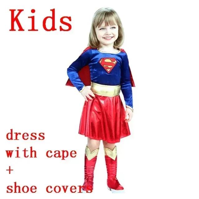 Superwoman Dress Cosplay Costumes Super Girls Dress Shoe Covers Suit Superhero Woman Super Hero Kids Halloween Costume L