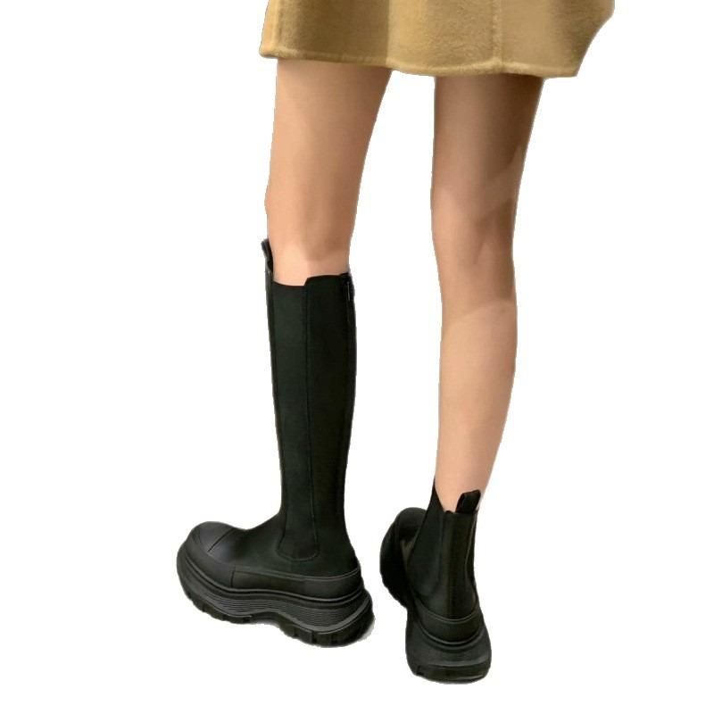 Cowhide Version~ Height-increasing Leather Muffin Thick-soled Knight Boots Women's Tall Boots Elastic Boots High-heeled Boots