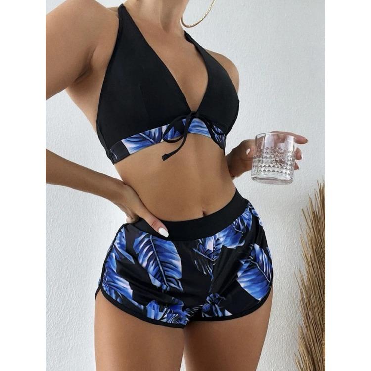 Women 2025 New Bikinis 6 Colors Sexy Halter Bikini 3 Piece Set Leafs Print High Waisted Swimsuit Beach Bathing Suit Size S-XXL