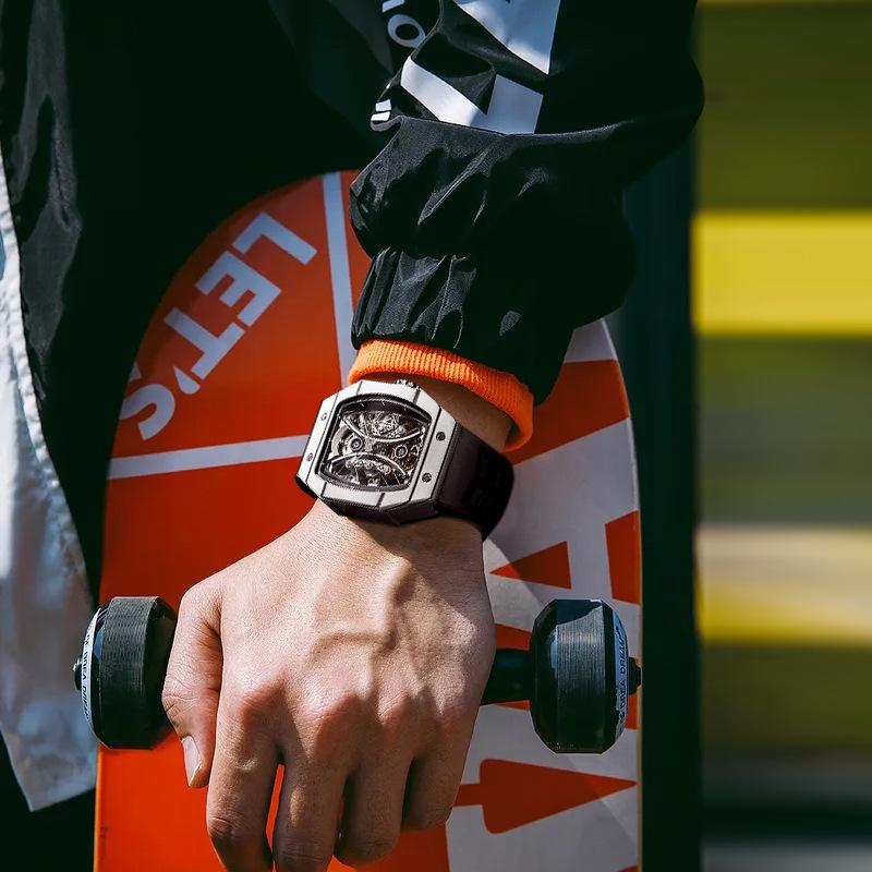 Ceas Mecanic de Modă Swiss True Tourbillon pentru Bărbați cu Curea de Cauciuc și Design Pătrat Gol