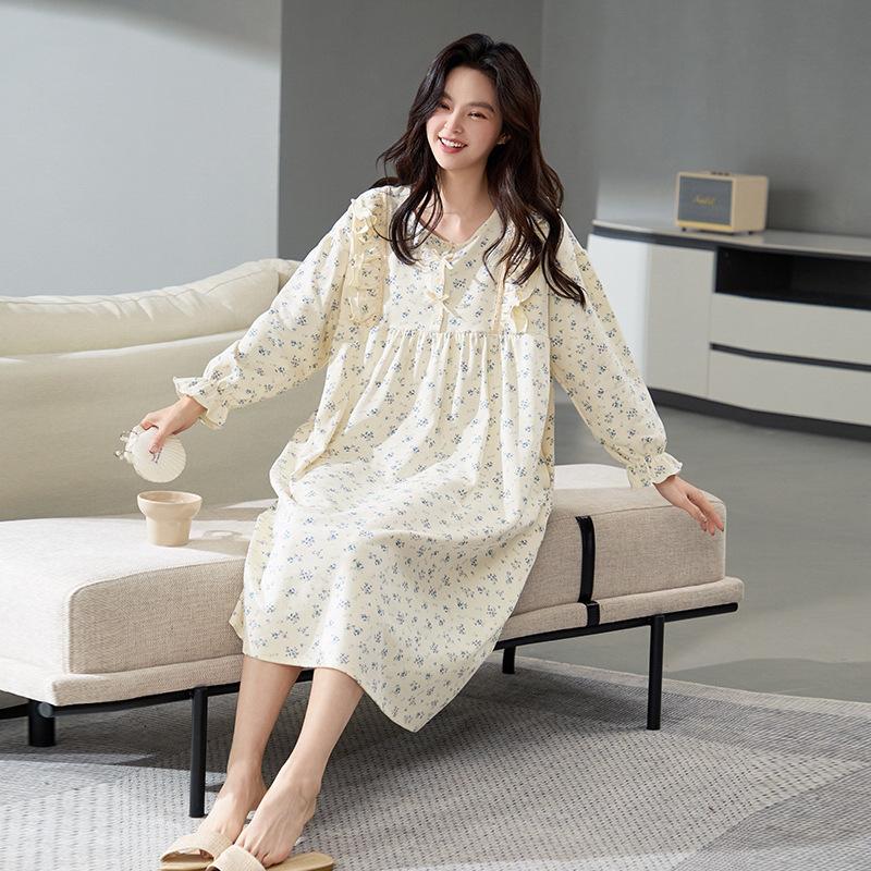 Nattlinne för gravida i koreansk stil för kvinnor, 100% ren bomull, antibakteriellt, långärmat - Lös passform för höst/vinter/vår