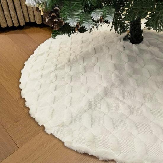 30"/36"/48" Faux Fur Christmas Tree Skirt Plush Snow White Tree Skirt with Golden Sequin Snowflake Reindeer for New Year Holiday Party Decoration