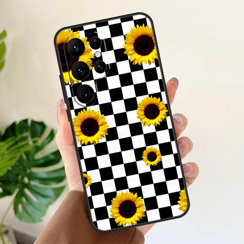 Checkerboard Sunflower Soft Case For Samsung Galaxy S21 S22 S23 S24 S25 Ultra S9 S10 Plus S20 FE S24 FE Phone Cover