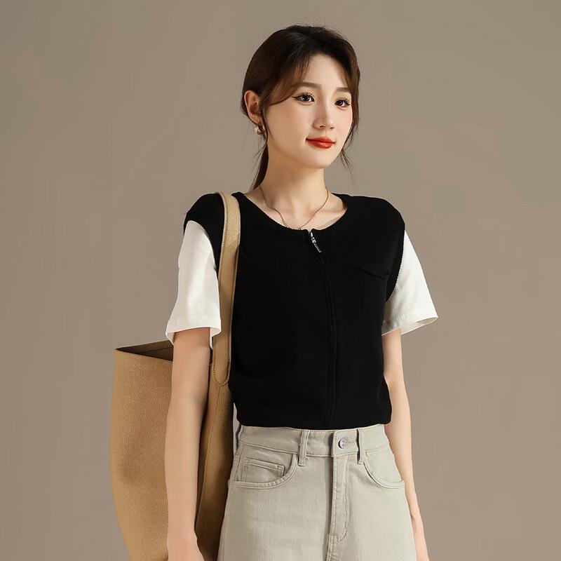 RAIN.CUN Women's Zipper Detail Knitted Short Sleeve Top