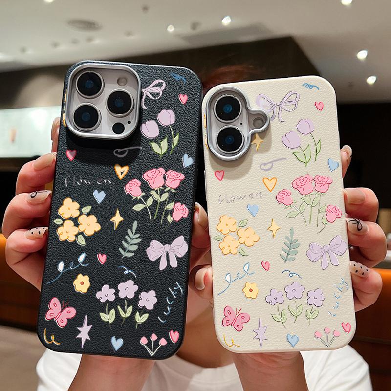 Cartoon Floral Pattern Shockproof Phone Case For iPhone 16 Pro Max 15 Pro 14 Plus 13 12 11 Soft TPU Leather Texture Slim Matte Back Cover