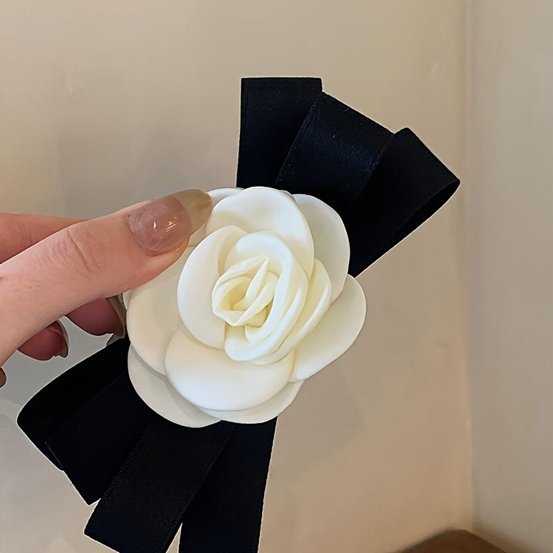 Elegant Floral Hair Claw Clip with White Camellia Flower and Black Bow - Plastic, Large Size, Birthday Festival Accessory