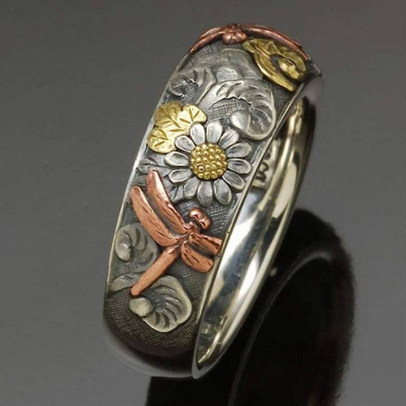 

Retro Engraved Ring, Flower, Dragonfly, Sunflower Ring, Men s and Women s Hand Jewelry 13