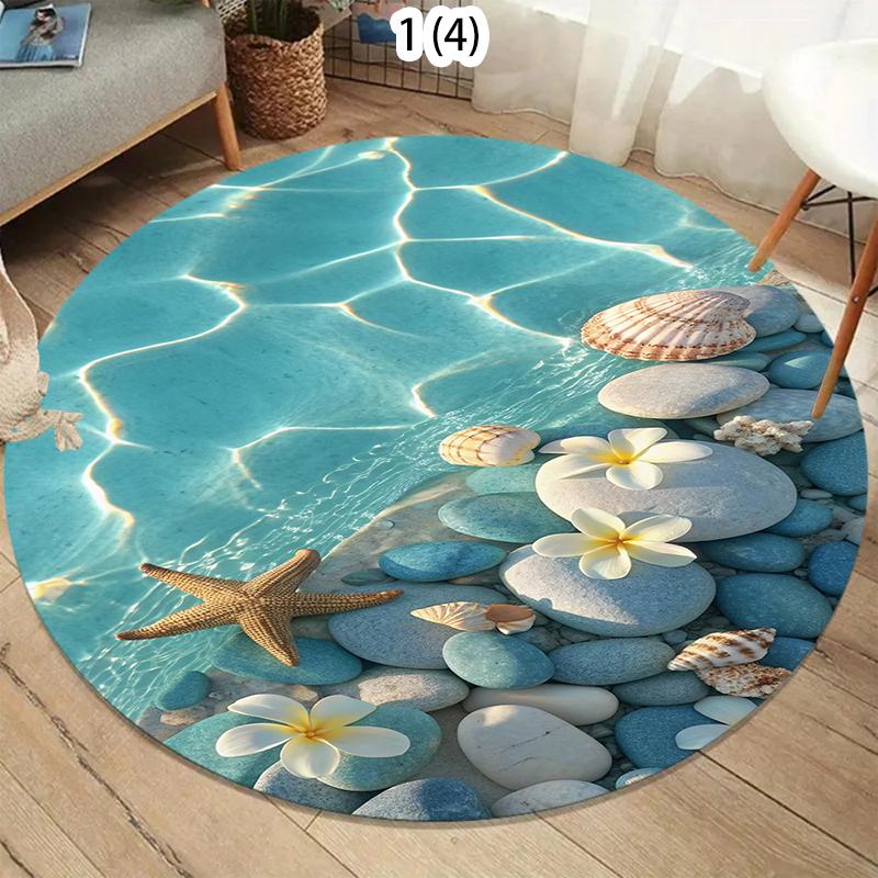 Nordic Coastal Round Rug Soft Carpet Area Rug Bedroom Non-Slip Floor Mat Teal Ocean Wave Design for Living Room Kidsroom
