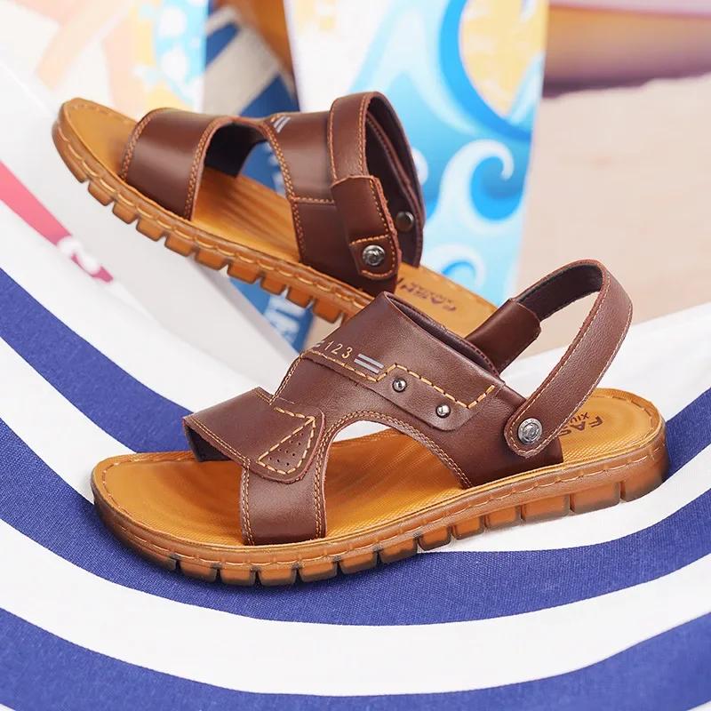 Whoholl Patent Leather Men Sandals Male Summer Shoes Outdoor Casual Sandals Cowhide Beach Shoes Two Uses Men's Sandals Slippers