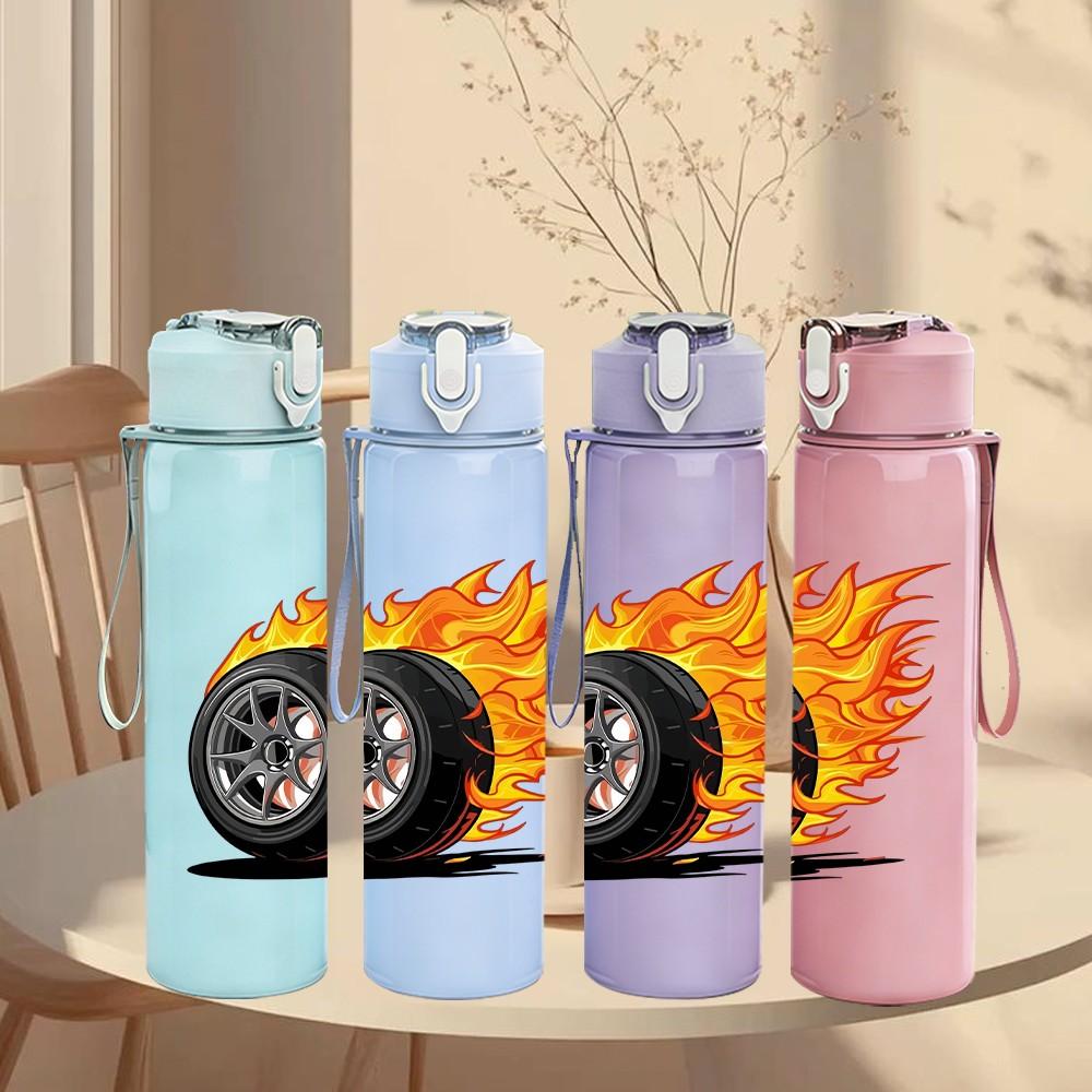 1PC Burning Tire Race Pattern 750ml Color Plastic Sports Water Bottle Leakproof Flip Straw Lid Suitable for Sports Office Home Use
