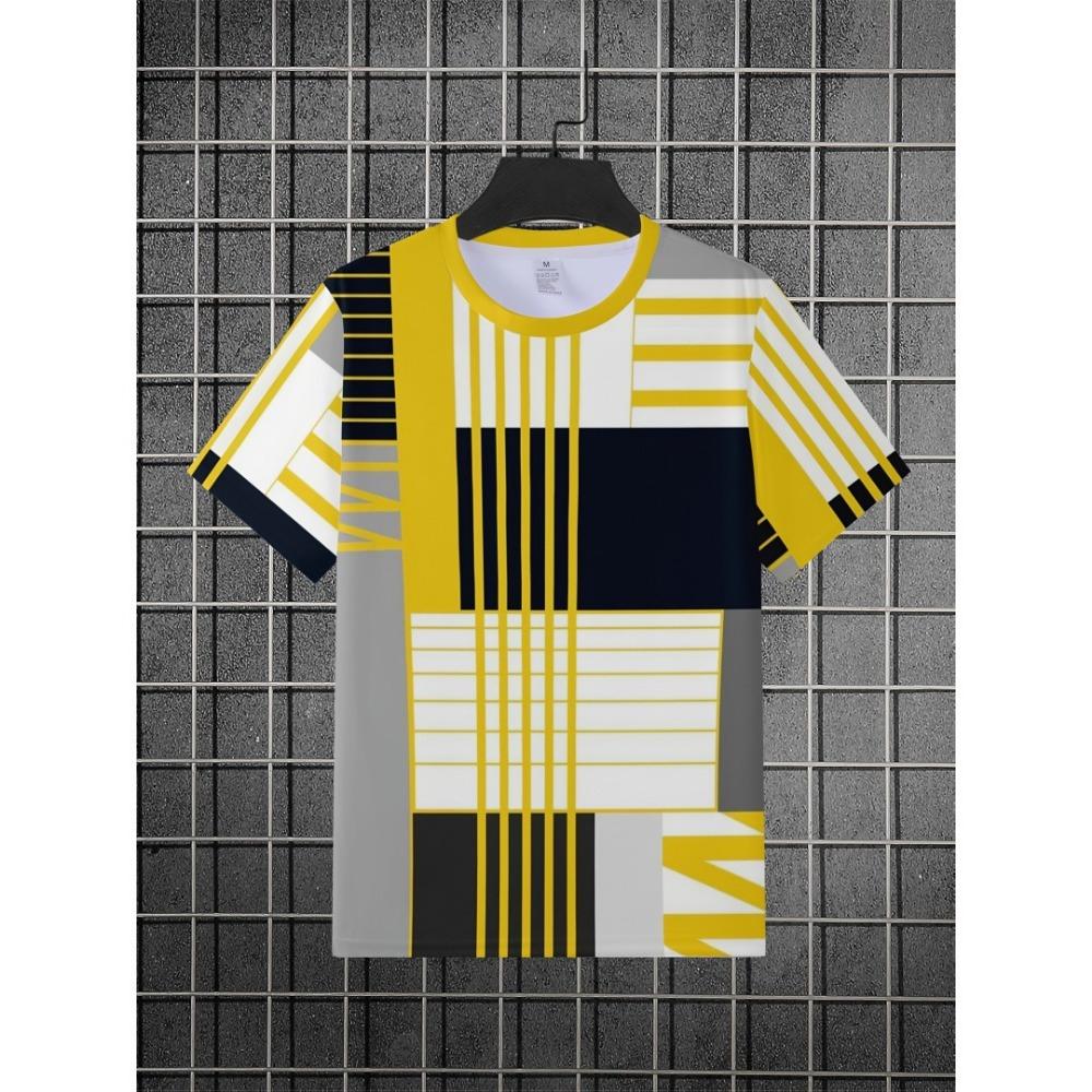 European and American Yellow Checkered Printed Men's T-shirt Street Trend Short Sleeved Versatile Top
