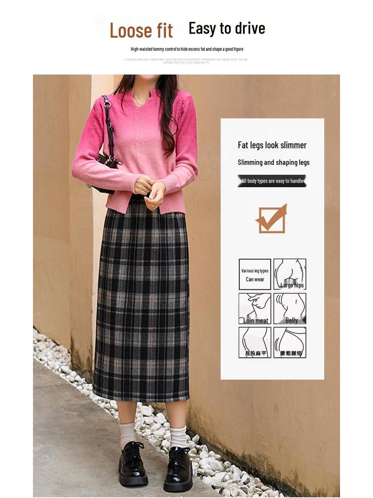 2024 Retro Plaid Fleece-Lined Wool Midi Skirt with High Waist & Back Slit