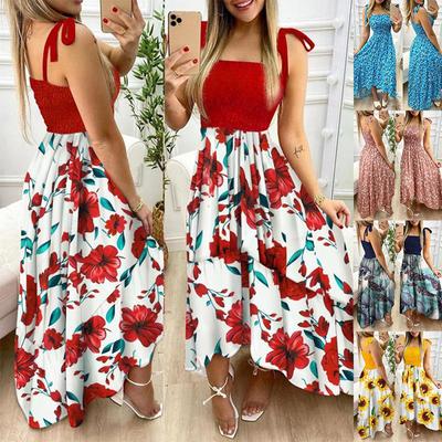 Frauen Sexy Spaghetti Strap Maxi Kleid Sommer Blumen Druck Sleevelss Sling Kleid Elegante Urlaub Strand Party Kleid