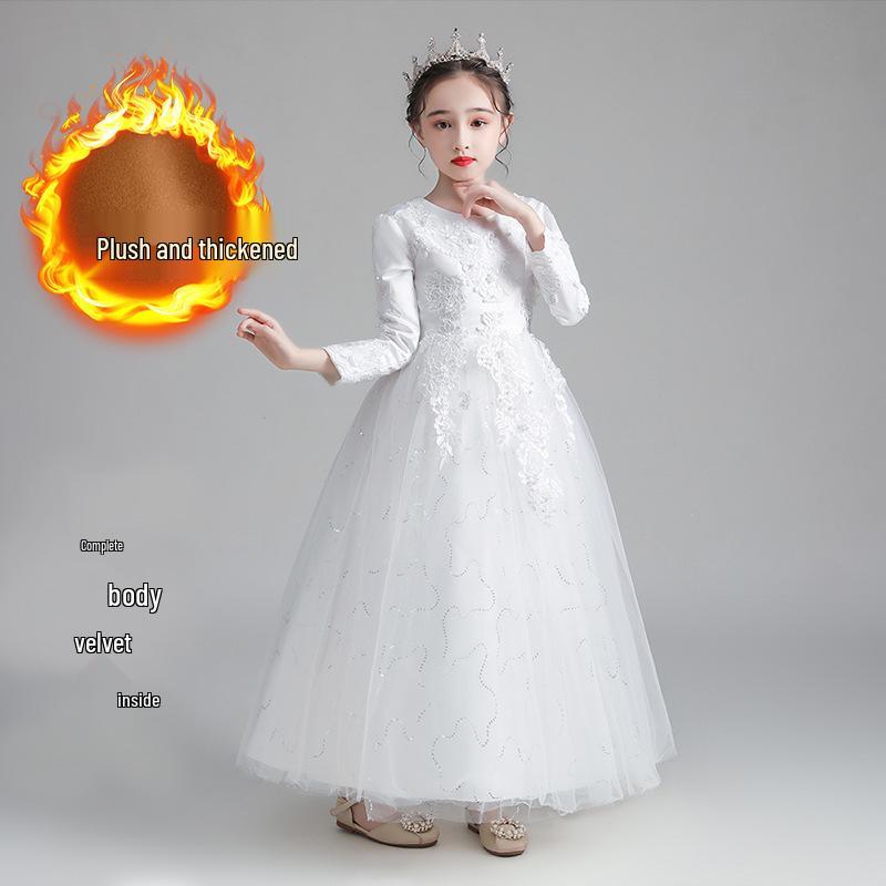 

New Girls Princess Tulle Dress - Puffy, Long, Autumn/Winter Style, Perfect for Evening, Flower Girl, Wedding, or Performance. White with Fleece