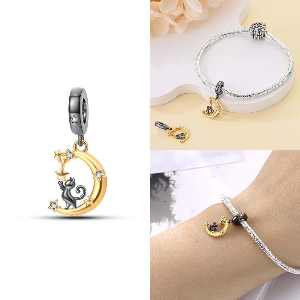 Original 925 Silver Black Cat Moon Cat Paw Pendant Charms Bead Fit Bracelet Women Jewelry Diy Anniversary Gift Accessories