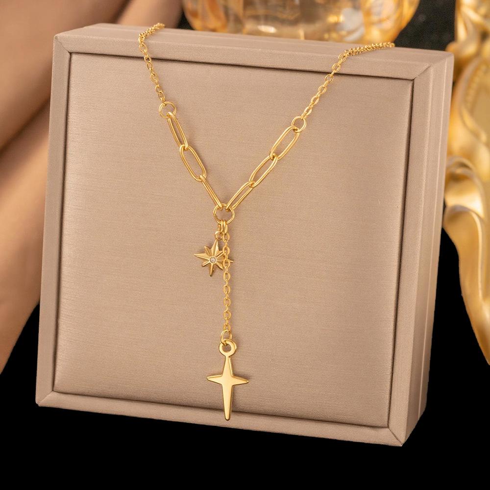 Eight-Pointed Star Clavicle Necklace with Rhinestone Tassel and Cross Pendant in Stainless Steel