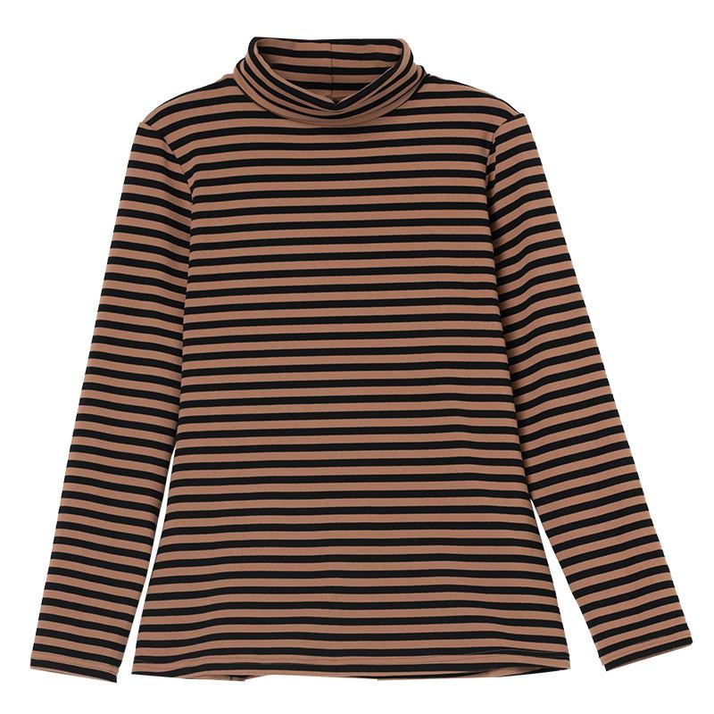 Women's Plush Striped High-Neck Base Layer Top - Long Sleeve, Plus Size, for Autumn/Winter, Middle-Aged Mom, Thick Velvet Inner Layer.