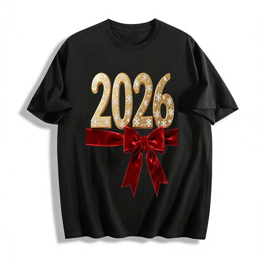 2026 New Year Snowflake Print Red Bow Decor Casual Top Pure cotton T-shirt XXS