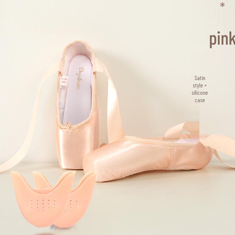 Dětské růžové saténové špičky pro začátečníky se stuhou - Tvrdá podrážka Dospělé taneční cvičky