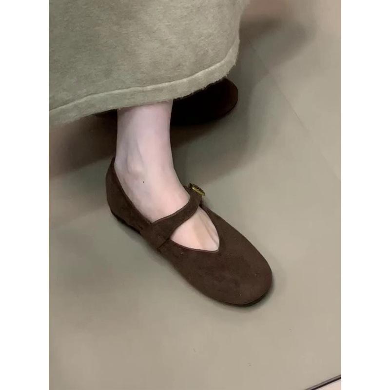 Simple Design Round Head with Buckle Suede Mary Jane Soft Sole Comfortable Women's Shoes