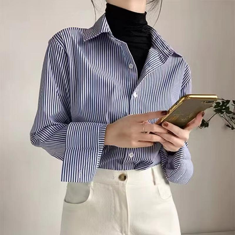 Classic Striped Woman Spring Autumn Blouses Shirt Lady Long Lantern Sleeve Stand Collar Loose Blusas Tops