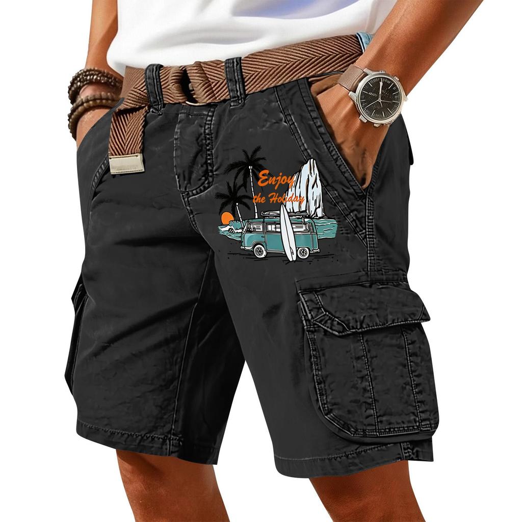 Men's Summer Printed Casual Multi Pocket Cargo Shorts Without Belt Loose Fit Cotton Fabric Classic Style