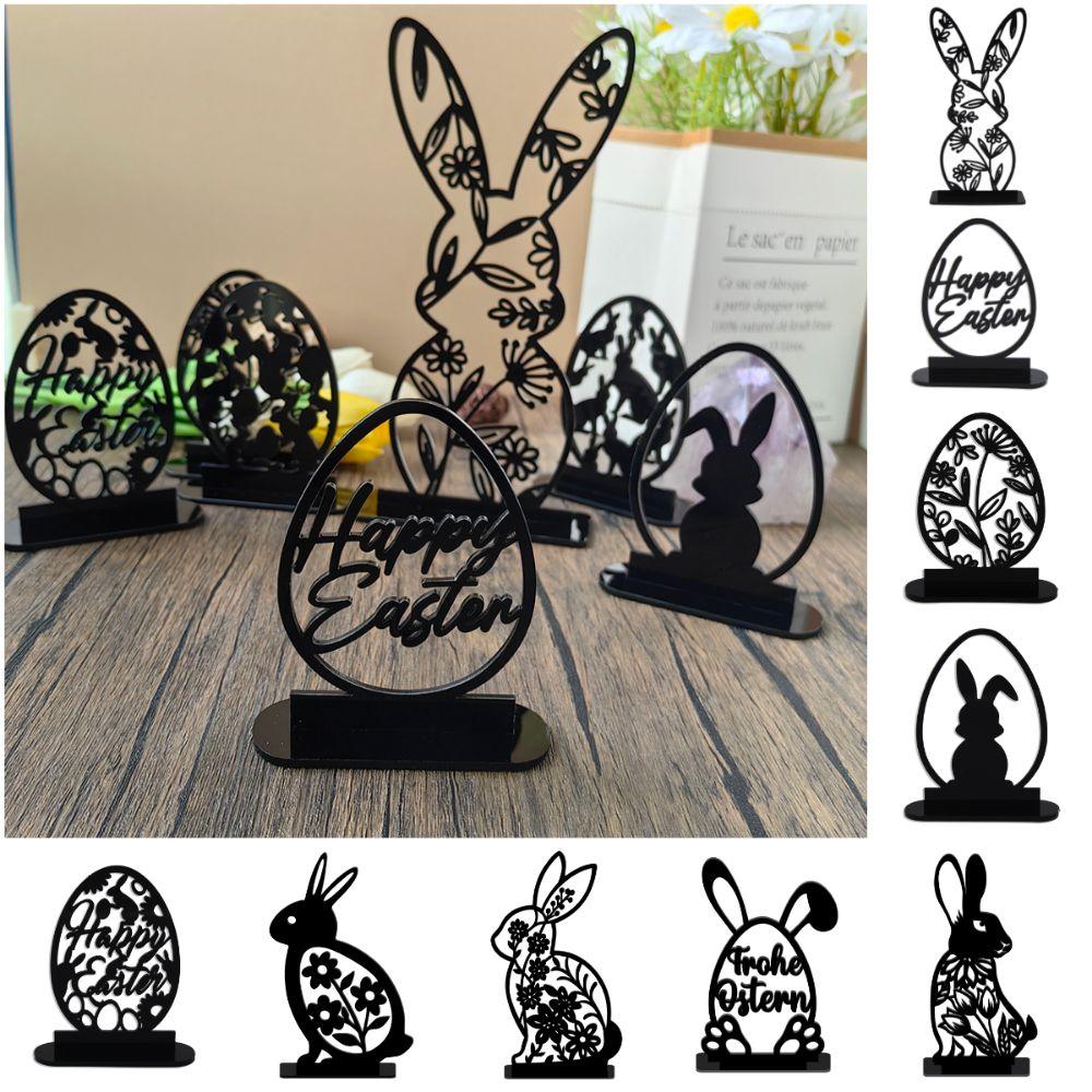 Cartoon Rabbit Easter Decorative Figurines Easter Egg Black Desktop Ornament Acrylic Accessories Hollow Carving Decoration