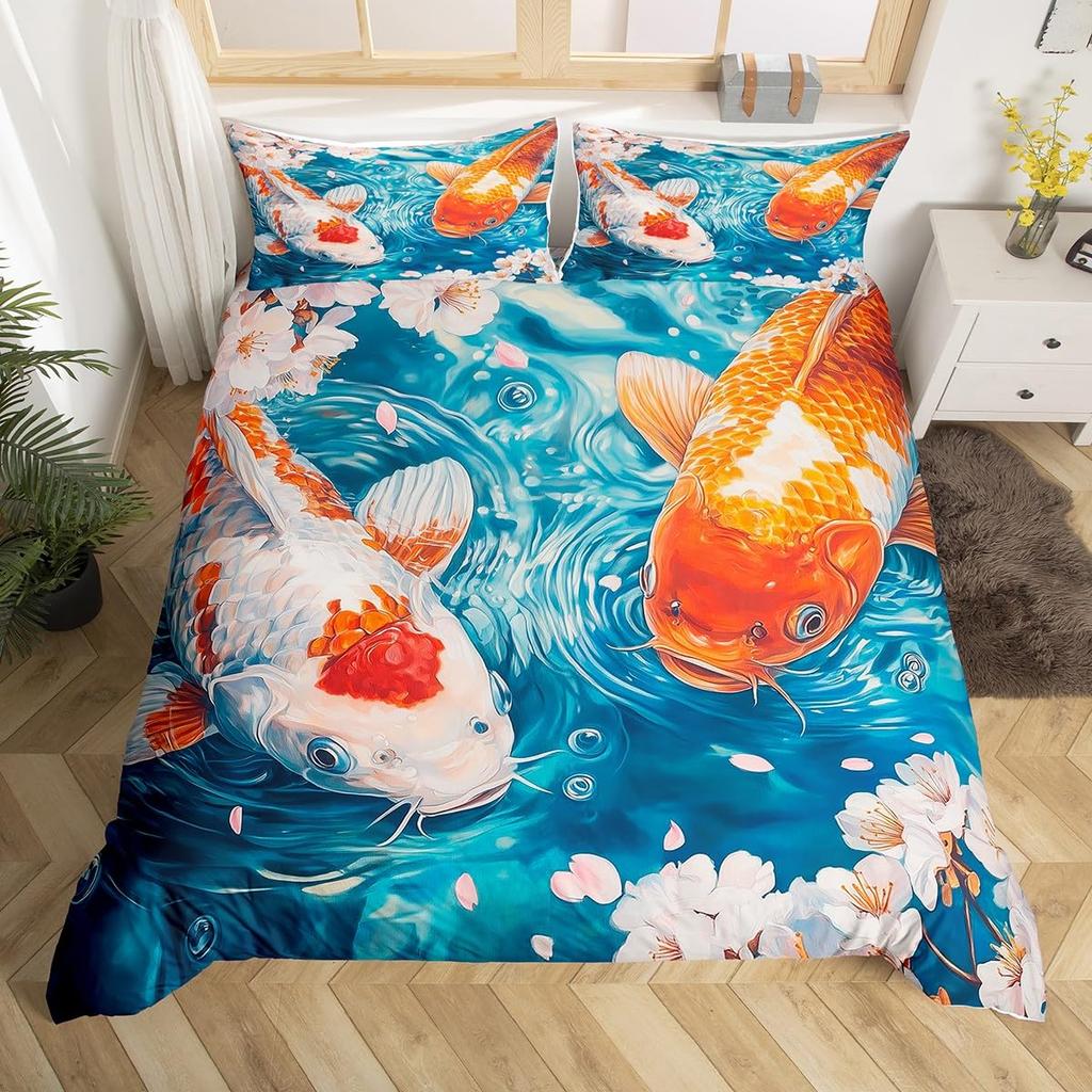 Comforter Koi Fish Full Queen Japanese Cherry Blossom Tree Bedding Set Marine Sealife Comforter For Kids Teen Room Decor