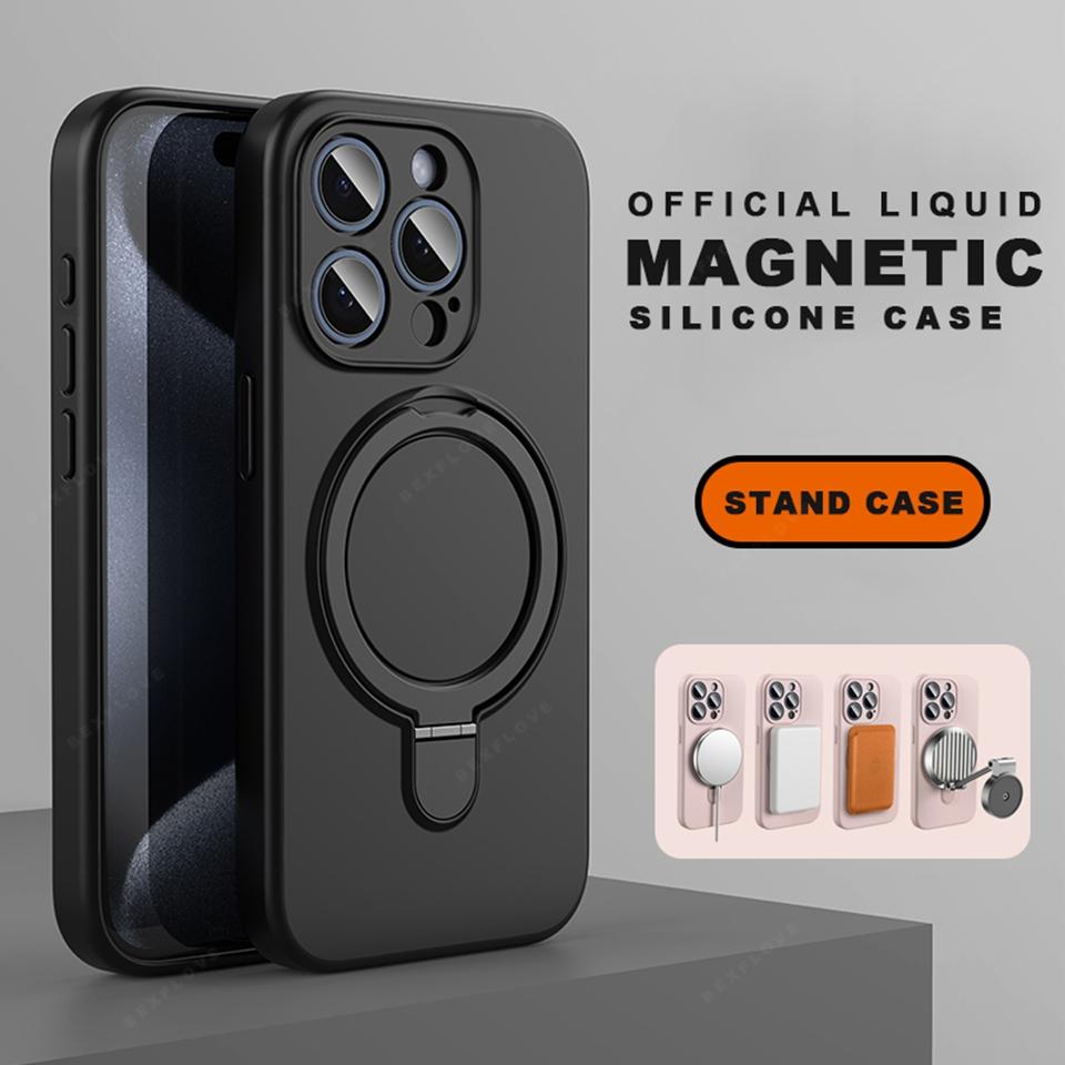 Magnetic Liduid Silicone Stand Phone Case For iPhone 15 14 16 Plus 11 12 13 16 Pro Max Magsafe Ring Holder Protector Soft Cover