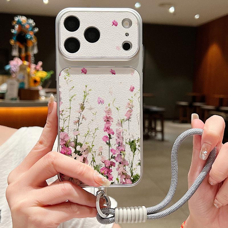 Floral Pattern Leather Lanyard Case For iPhone 18 Pro Max 17 16 15 14 13 Pro Max Luxury Hybrid TPU+PU Anti-skid Soft Phone Cover
