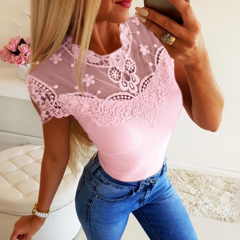 Summer Women Short Sleeve Lace Seethrough Top Fashion Frilled Hollow Top Out