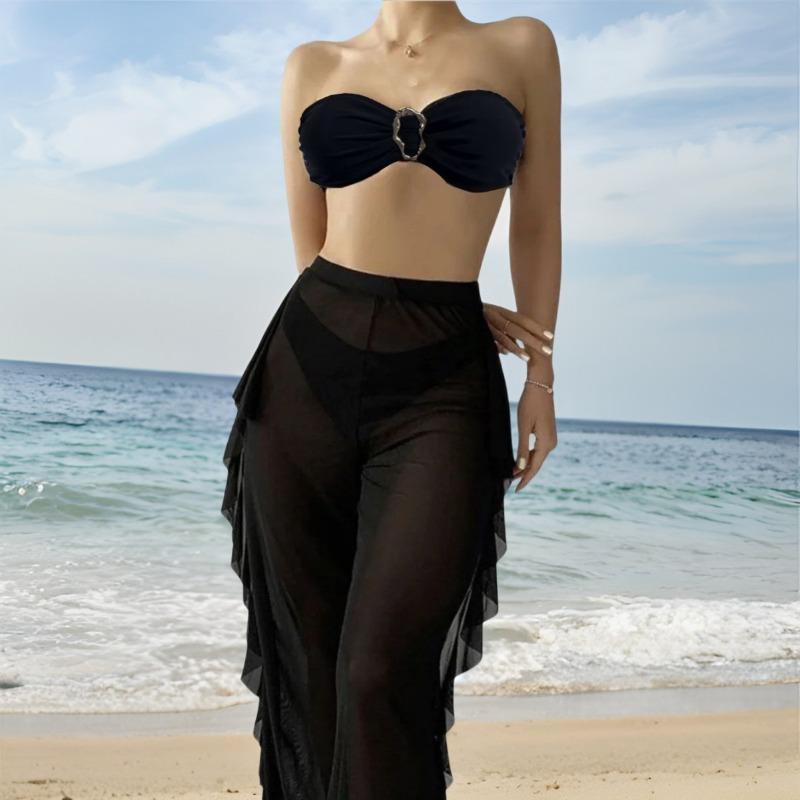 Swimsuit 3-piece Tube Top Metal Bra, Bikini Set Mesh See-through Beach Trousers Three Pieces