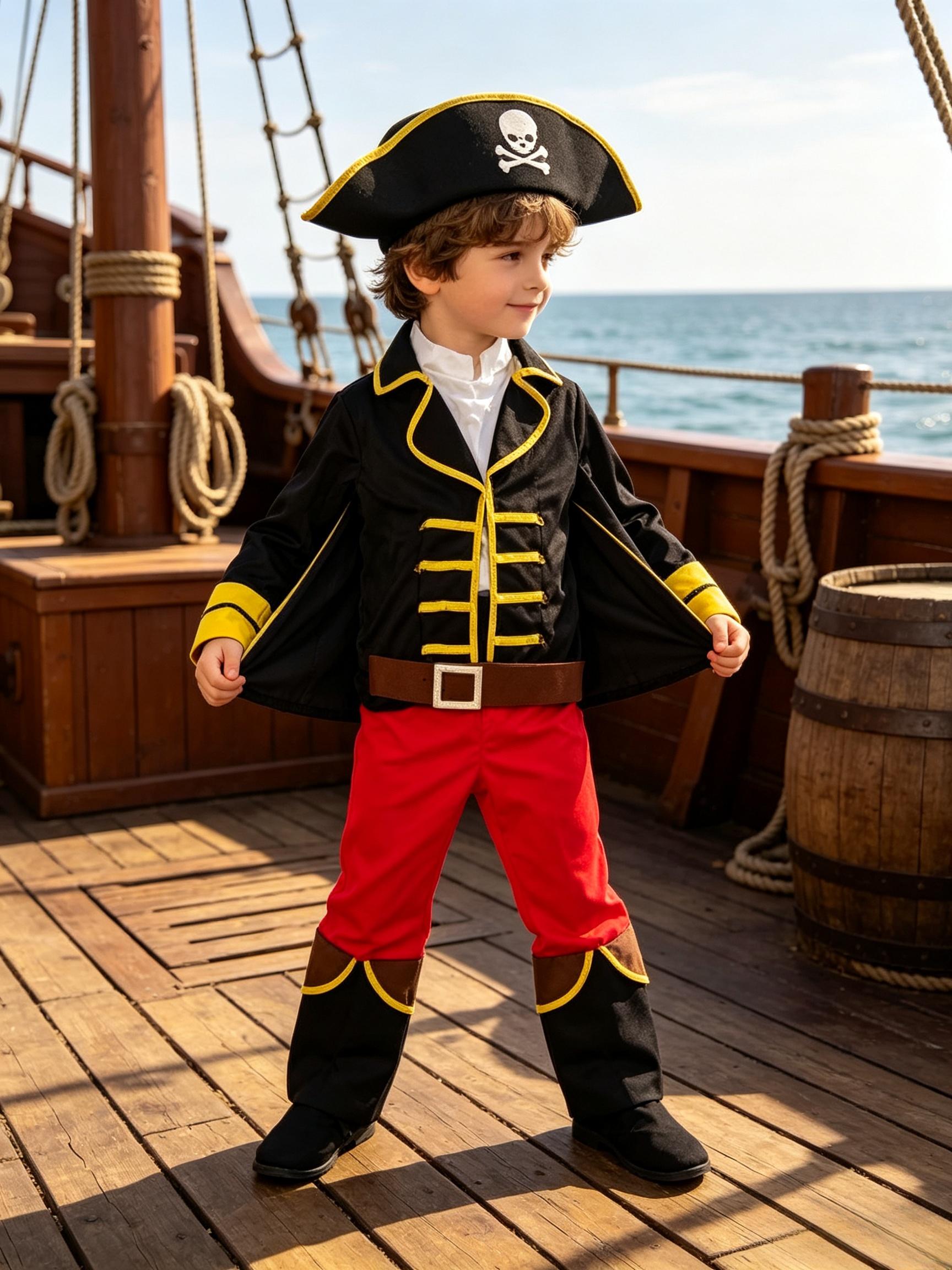 Kinder Piratenkapitein Kostuum 3-Delige Set Hoed met Schedeldruk Zwart Gele Randjas Rode Broek Halloween Cosplay Outfit 3-4Y&Other zwart