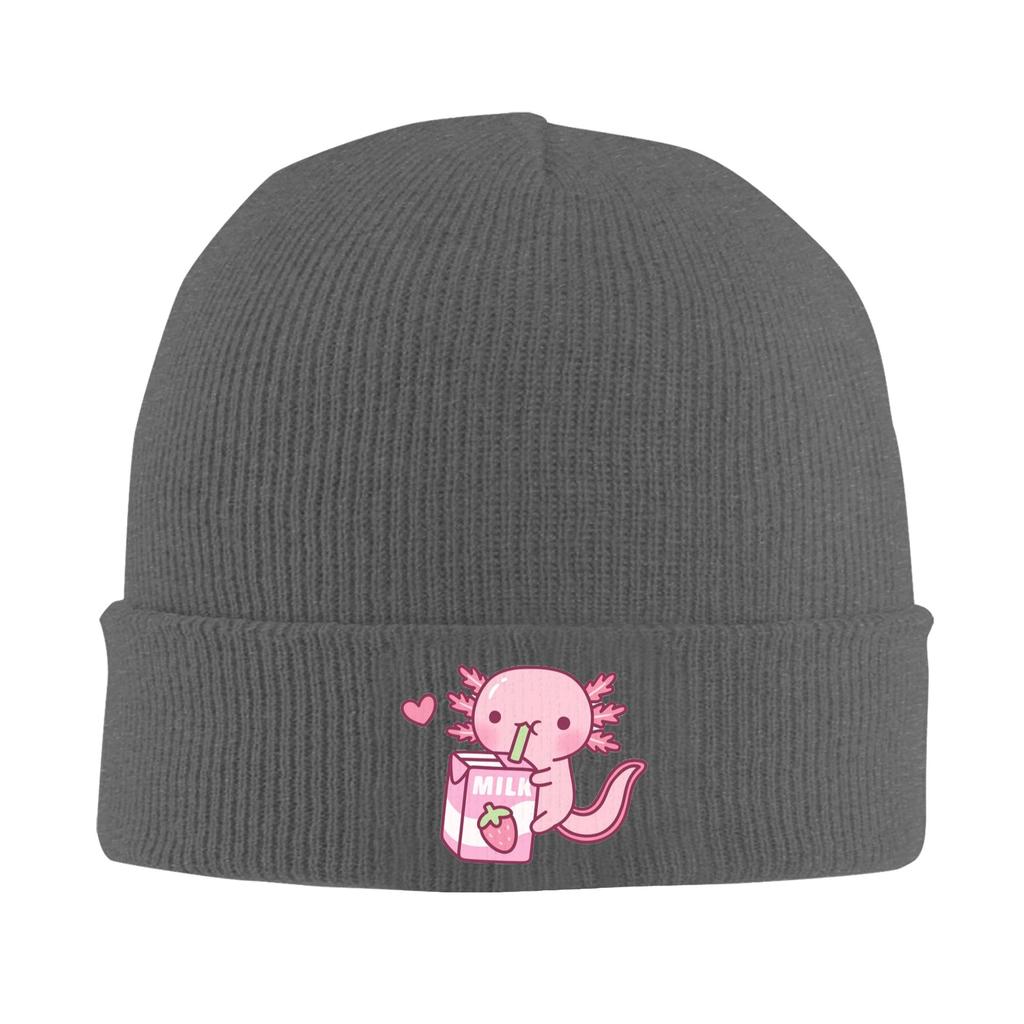Roztomilý axolotl miluje jahodové mléko Doodle Teplá pletená čepice Zimní pletená čepice Beanie Hip Hop čepice pro Unisex