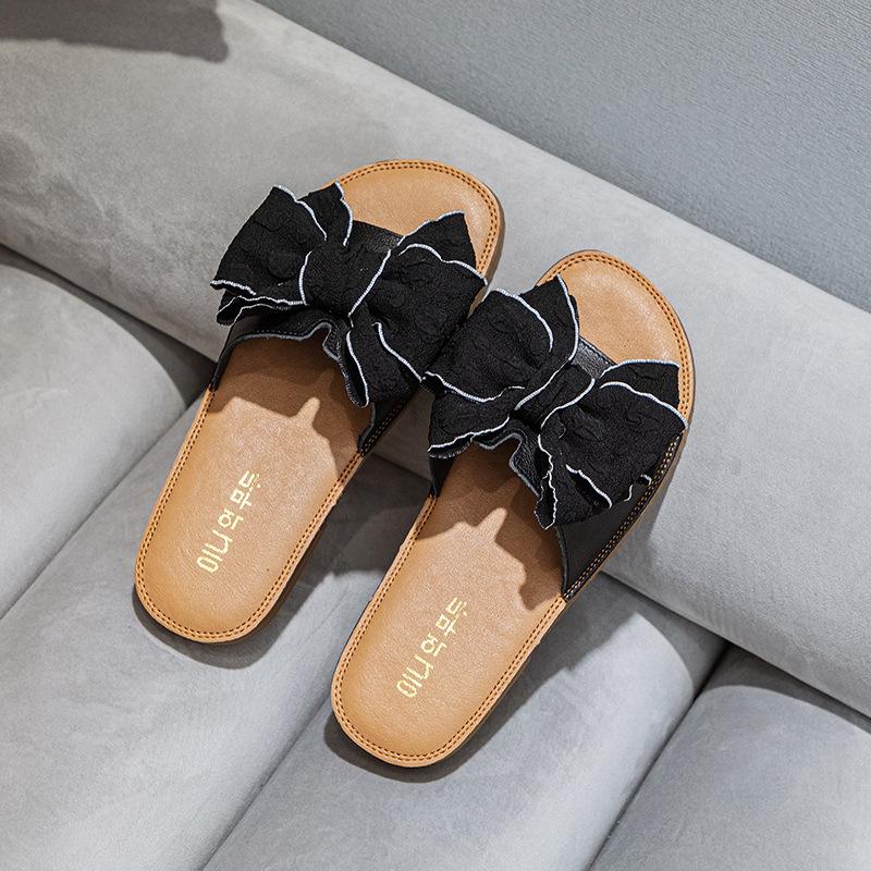 Fashion Cow Leather Sandals 2025 New Women's Slippers Bow Large Size 35-43 Beef Tendon Sole Soft Sole Geunine Leather Slippers