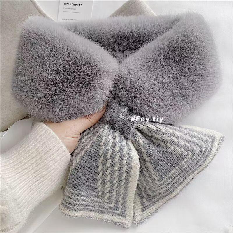 Korean Style Women's Fluffy Faux Mink Scarf - Thick Striped Fur Collar & Neck Warmer