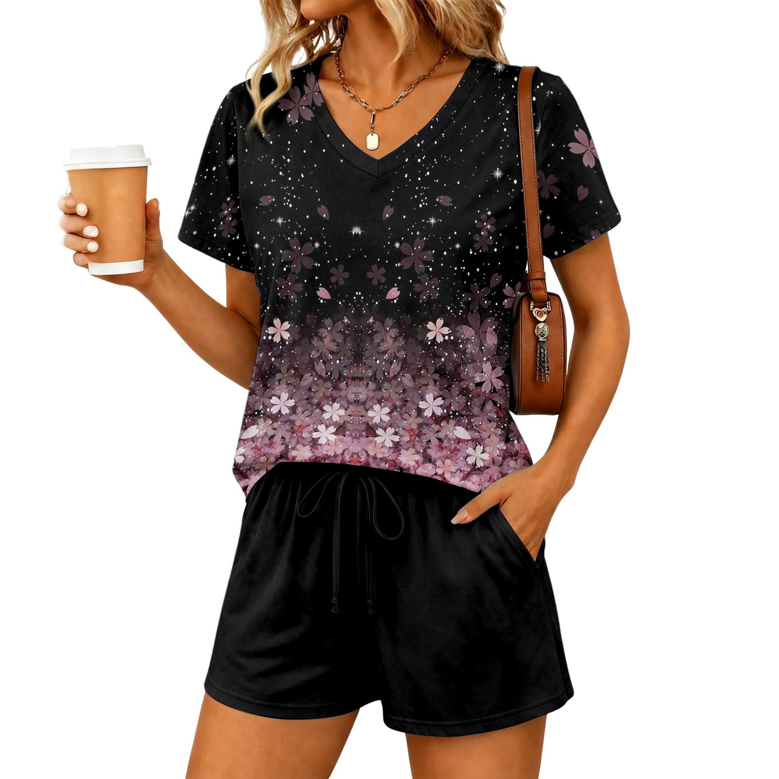 

Women s Casual Two Piece Set V Neck Short Sleeve Floral Print Top with Elastic Waist Drawstring Shorts Lounge Wear XXL