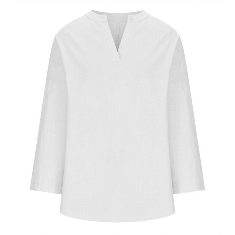 Women's Cotton Linen Shirt Loose Casual Long Sleeve Top with Stand Up Collar
