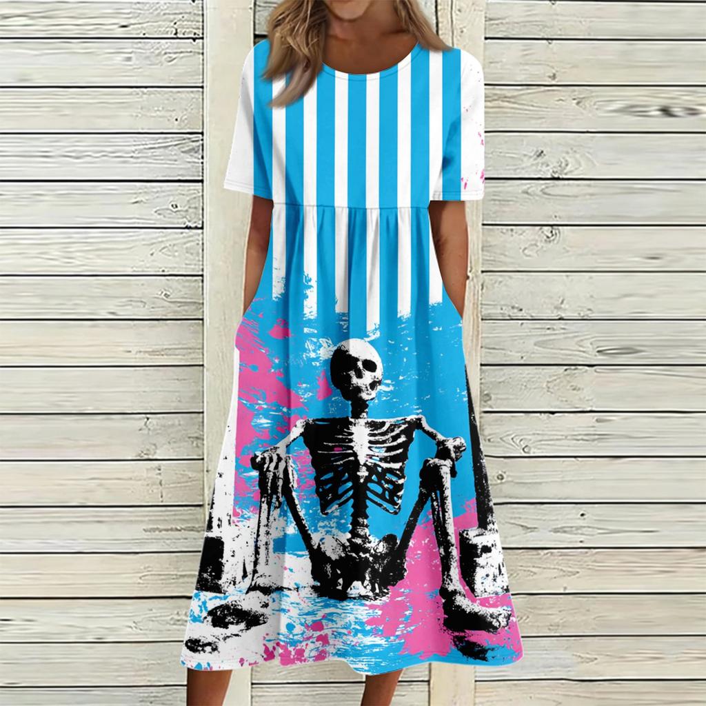 Women's Casual Halloween Print Round Neck Dress with Pockets