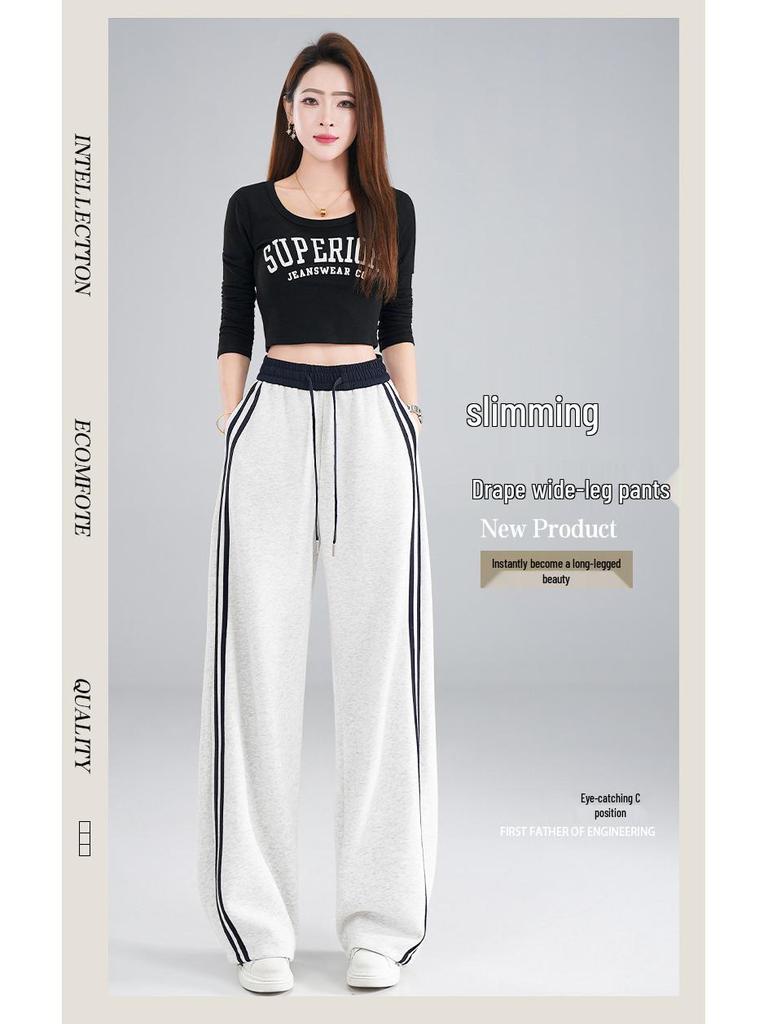 Women's Street-Style High-Waisted Wide-Leg Pants - 2026 Spring College Style, Age-Reducing, Drape, Straight-Leg Sweatpants