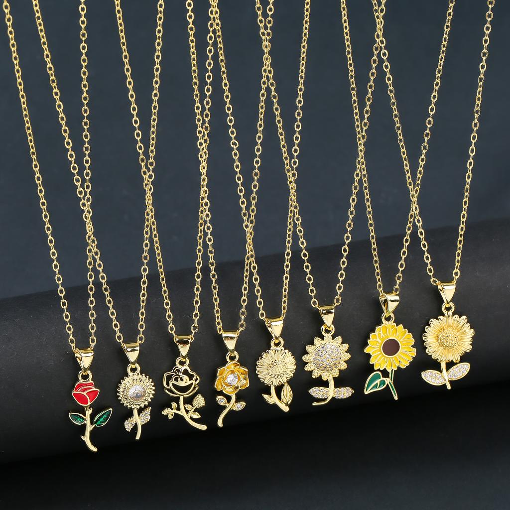 Classic Sunflower Rose Zirconia Pendant Necklace Celebrate Love, Loyalty Botanical Jewelry for Women Girl Party Summer Gift