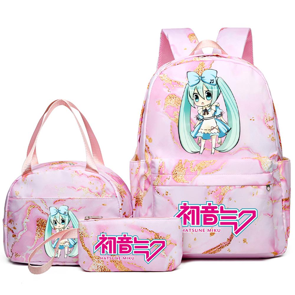 3Pcs/set Anime Hatsune Miku Printed Backpack Handbag Pencil Case for Teenager Student Bookbag Schoolbag Women Large Capacity Waterproof Travel Bag
