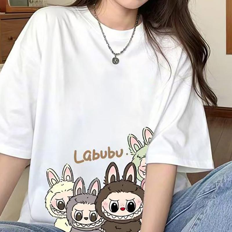 Labubu Print Women Short Sleeve T-shirt Summer Casual Fashion Clothing Girl Cartoon Cute Anime Printed Tops