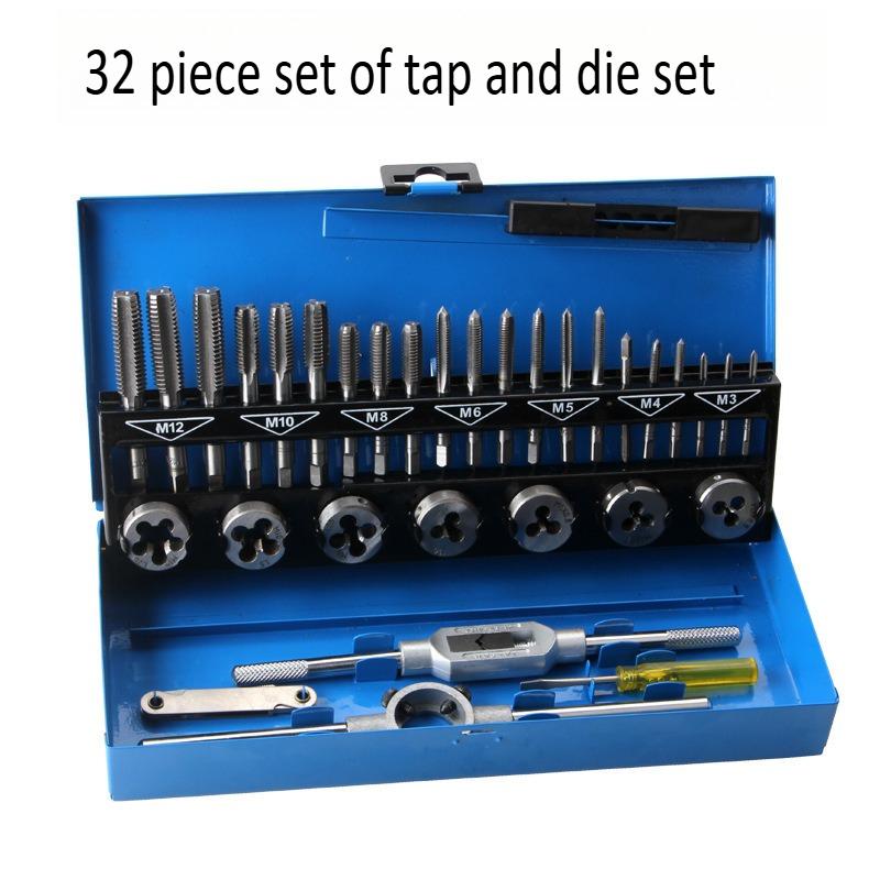 32Pcs Tap and Die Set Metric Wrench Cut M3-M12 Hand Threading Tool Tungsten Carbide Tap Die Screw Thread Making Tool Bit Set