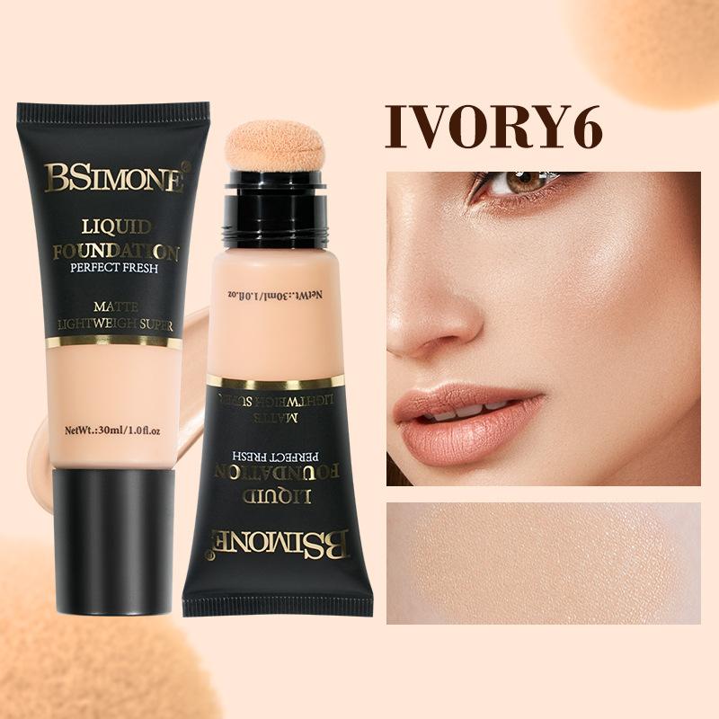 Bsimone Coverage Foundation Long-Lasting Oil Control Waterproof Liquid Foundation Matte Finish Concealer With Sponge Brush Head