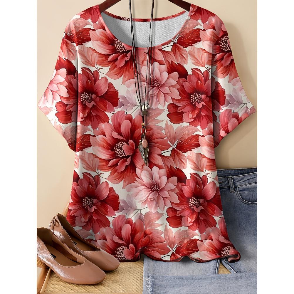 Plus Size Casual Crew Neck Short Sleeve Patchwork Print T-shirt - Miękka, średnio elastyczna tkanina poliestrowa Wiosna i lato Kobiety Luźny krój Ubrania